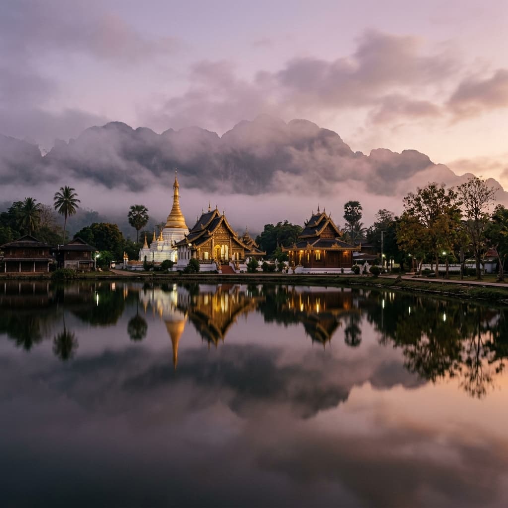 Jong Kham lake at dusk with Burmese-style temples reflected in still water, Mae Hong Son