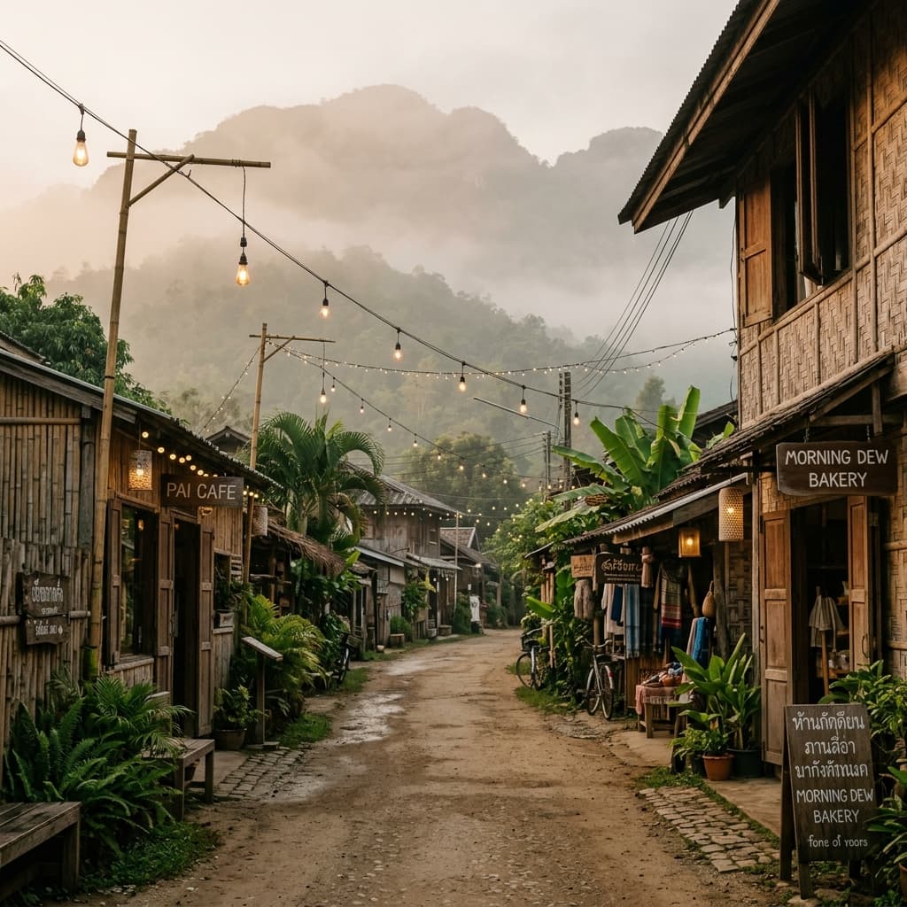 Quiet café street in Pai town at dawn with string lights and mountain mist