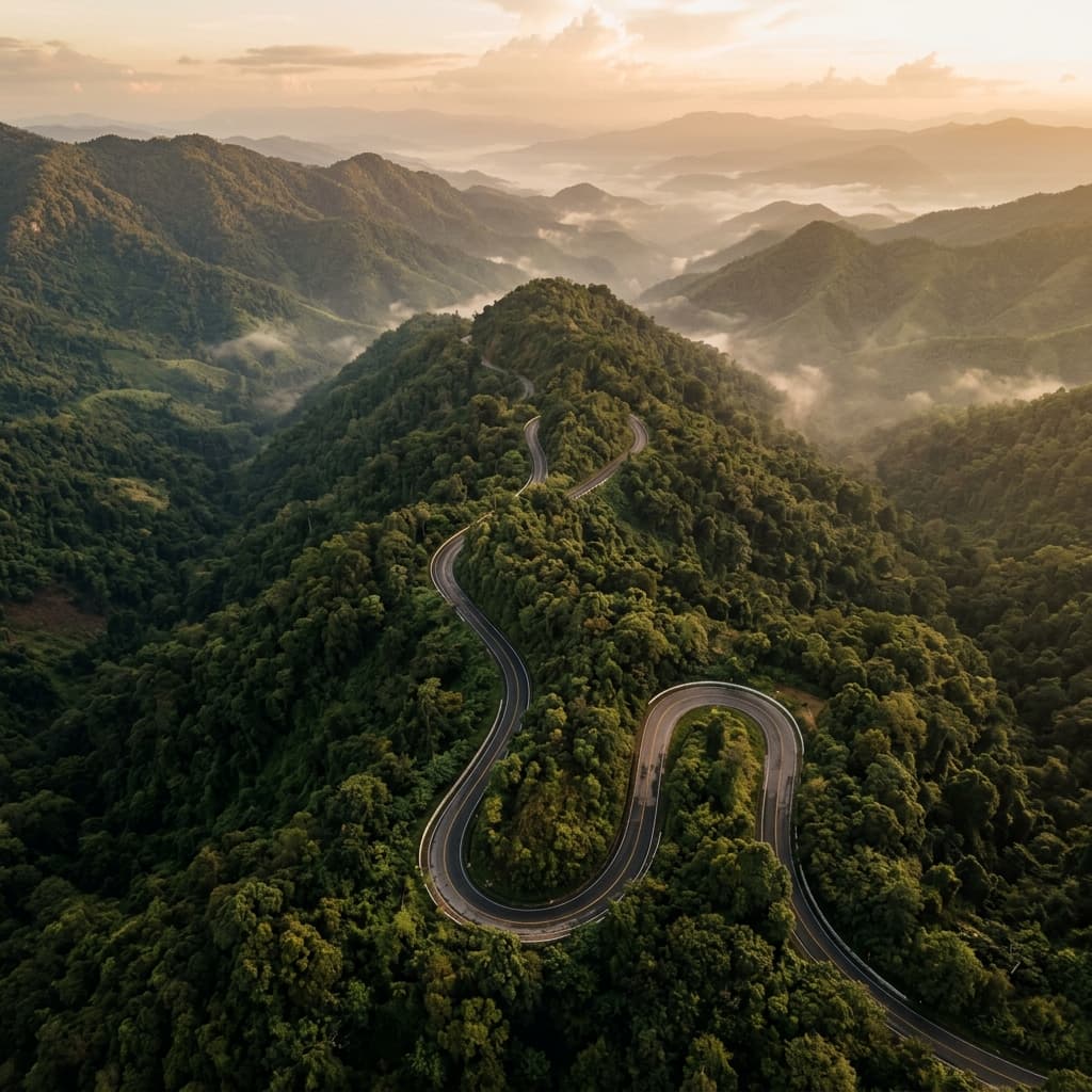 Aerial view of the winding Mae Hong Son Loop mountain highway through dense tropical forest