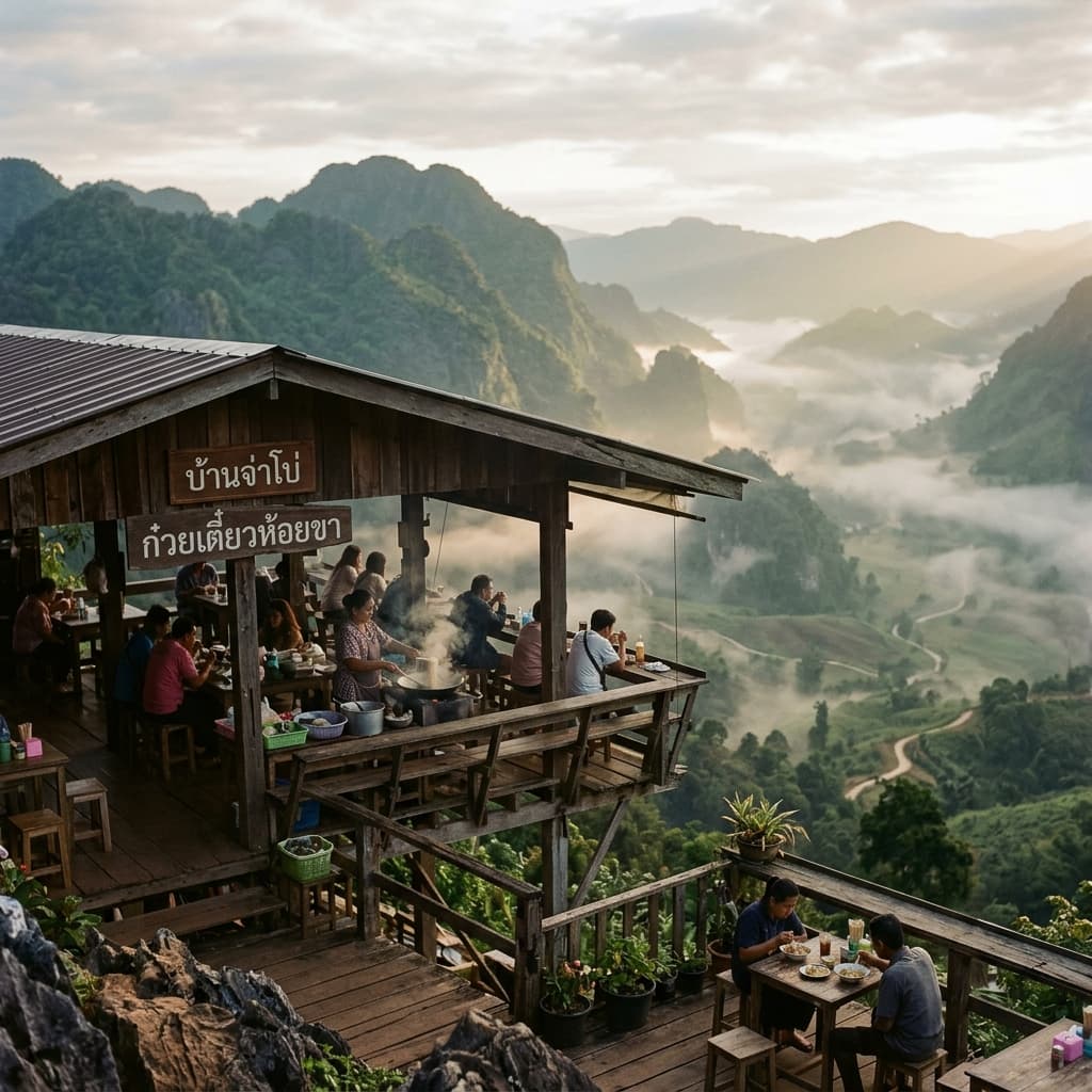 Rustic wooden noodle shop perched on a high ridge overlooking misty valleys in Ban Jabo