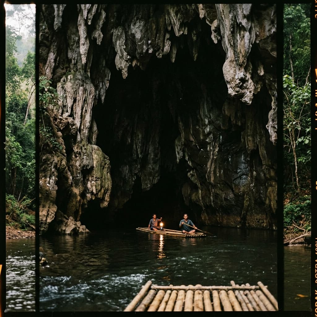 A bamboo raft carrying visitors and guides with lanterns inside the cavernous Tham Lod Cave