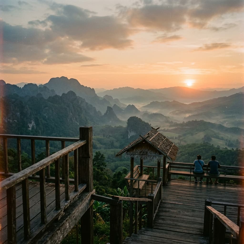 Layered mountains of Pang Mapha seen from a wooden viewpoint balcony at sunset